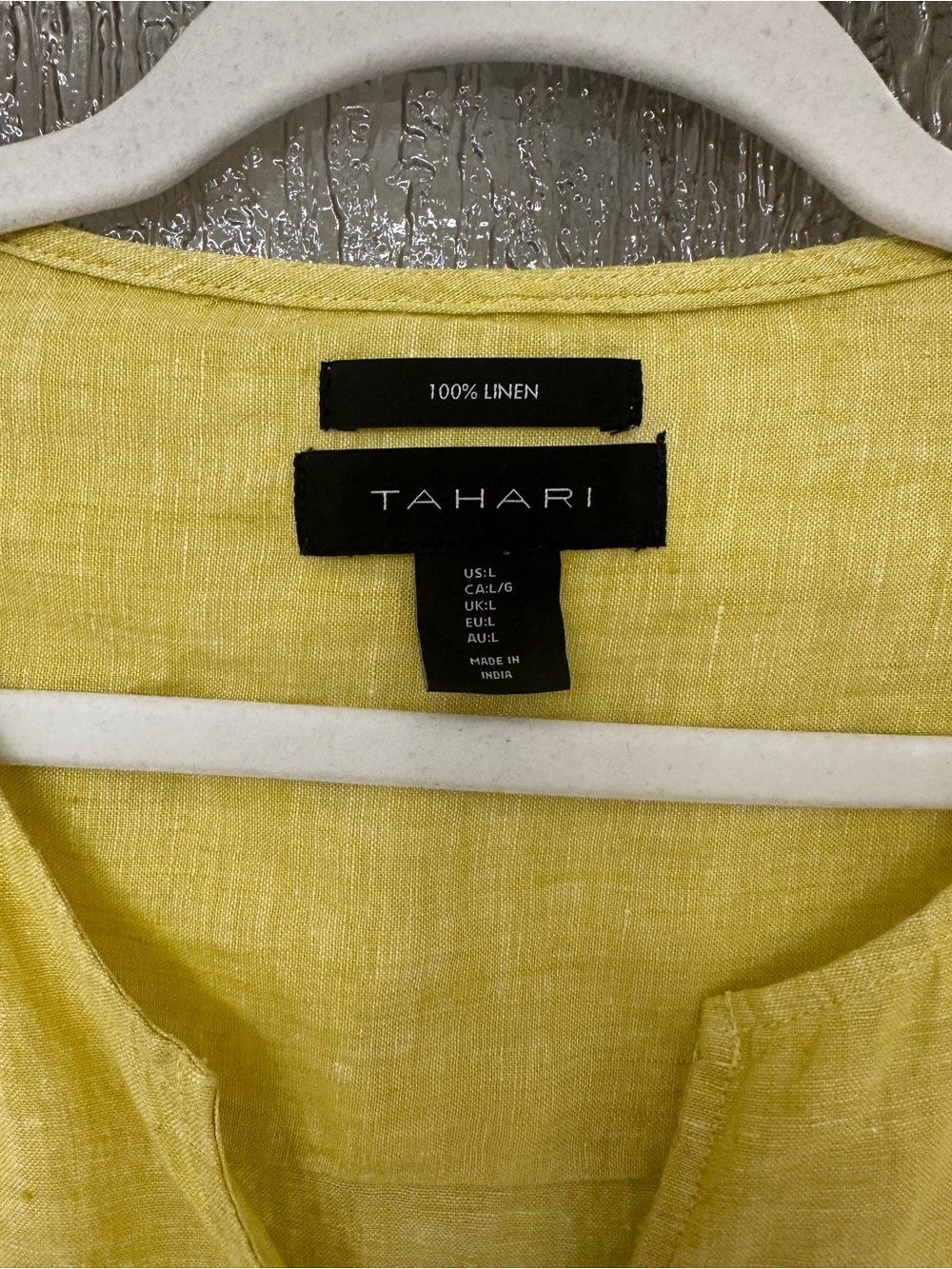 Tahari Bright Yellow Linen Split-Neck Short Sleeve Top - Picture 2 of 3